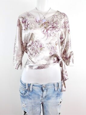 Fashion Bug Floral Satin Blouse in Cream and Purple